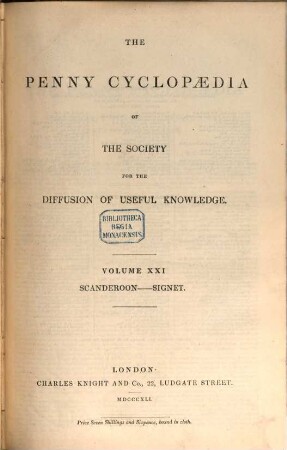 The Penny Cyclopaedia of the Society for the Diffusion of Useful Knowledge, 21. Scanderoon - Signet