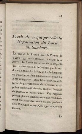 Précis de ce qui précéda la Négociation du Lord Malmesbury.