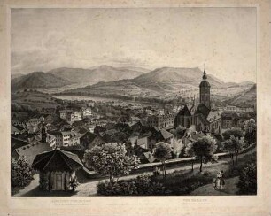 Ansicht von Baden vom Schlossgarten aus gesehen - Vue de Bade. Prise du jardin de château