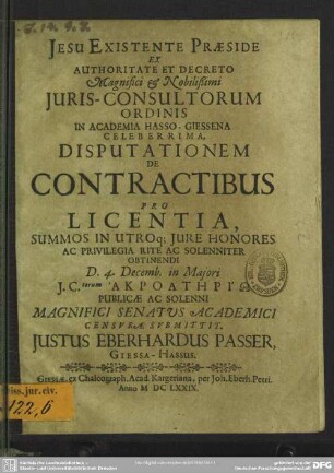 Disputationem de contractibus pro licentia ... censurae