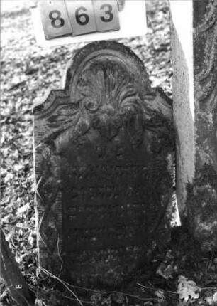Grabstein 863 (Index: 99751231) Material: Sandstein Zustand: leicht verwittert Maße HxBxT: 68x48x8 cm Beschreibung: Stele, doppelt eingezogener Rundbogenabschluß Symbolik: Muschel, Ranken, Rauten: Grabstein 863