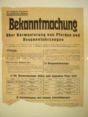 Maueranschlag aus dem besetzten Jugoslawien (Südsteiermark) zur Musterung von Pferden und Gespännen für Kriegszwecke