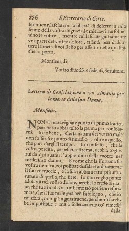 Lettera di Consolazione a un' Amante per la morte della sua Dama.