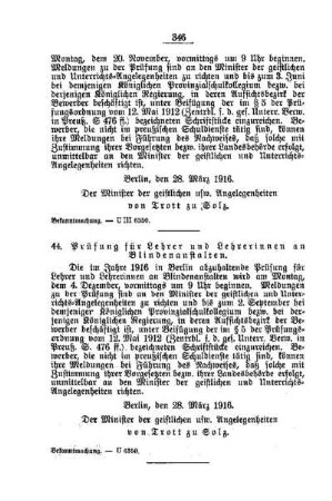 Prüfung für Lehrer und Lehrerinnen an Blindenanstalten : [F. Taubstummen- und Blindenanstalten]