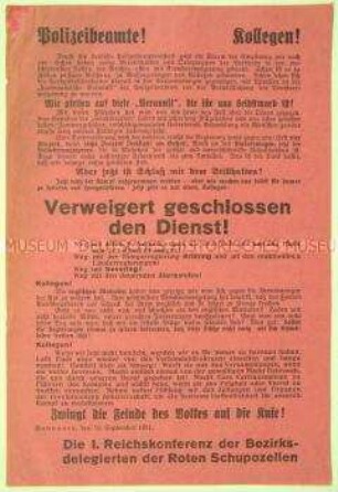 Streikaufruf der I. Reichskonferenz der Bezirksdelegierten der Roten Schupozellen an die Polizeibeamten