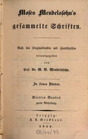 Moses Mendelssohn's gesammelte Schriften : in sieben Bänden. 4,2