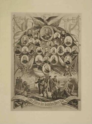Ehrenblatt mit siebenundzwanzig Einzelporträts als Brustbilder bzw. im Halbprofil deutschen Heerführern aus dem Frankreichfeldzug 1870/71, an deren Spitze Kaiser Wilhelm I., König von Preußen, deutscher Kaiser