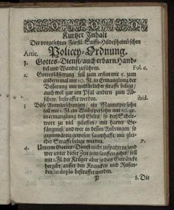 Kurtzer Inhalt Der vorgesetzten ... Policey-Ordnung