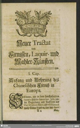 I. Cap. Anfang und Ursprung des Chinesischen Firniß in Europa