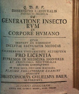 Dissertatio Inavgvralis Physico-Medica De Generatione Insectorvm In Corpore Hvmano