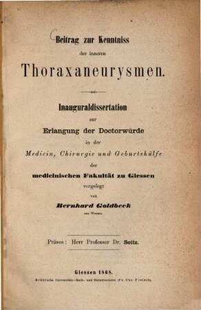 Beitrag zur Kentniss der inneren Thoraxaneurysmen : Inauguraldissertation