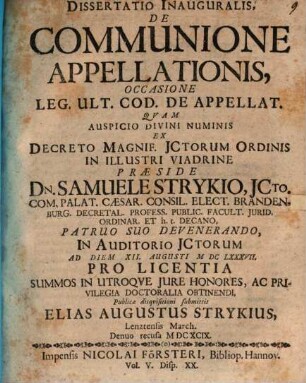 Dissertatio Inauguralis, De Communione Appellationis, Occasione Leg. Ult. Cod. De Appellat.