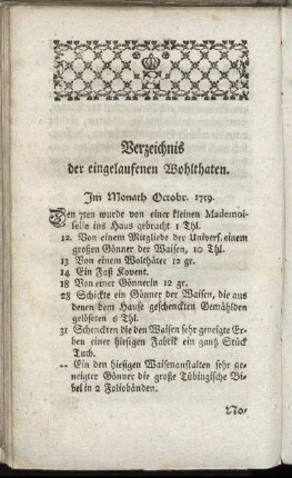 Verzeichnis der eingelaufenen Wohlthaten.