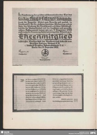 In Anerkennung der größten völkerverbindenden Tat des Herrn Doktor Hugo Eckener. Friedrichshafen. Ehrenmitglied