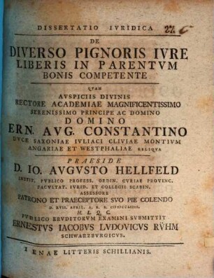 Dissertatio Ivridica De Diverso Pignoris Ivre Liberis In Parentvm Bonis Competente