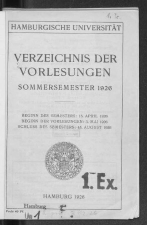 SS 1926: Verzeichnis der Vorlesungen // Hamburgische Universität