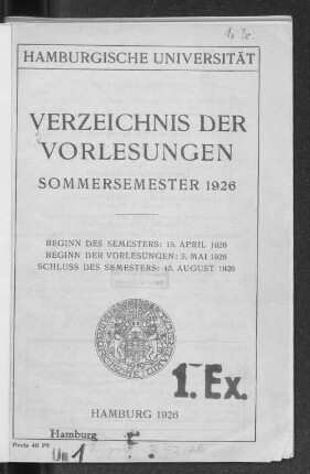 SS 1926: Verzeichnis der Vorlesungen // Hamburgische Universität
