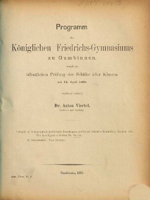 Programm des Königl. Friedrichsgymnasiums zu Gumbinnen : für das Schuljahr ... 1885/86
