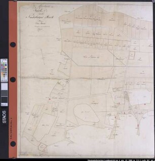 Teilung der SCHLEDEHAUSEN-NIEDERBERGER Mark Karte Nr. 1 von der Niederberger Mark, Revier: Das Bruch Ausführungsart: farbige Handzeichnung auf Karton, auf Nessel aufgezogen Hersteller: Leutnant W. Lorenz Format: 98 x 172,5 cm, in den Teilkarten a + b Maßstab: 1 : 2000