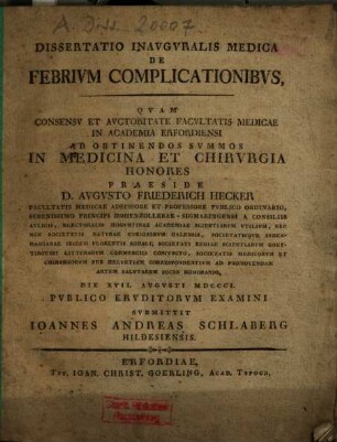Dissertatio Inauguralis Medica De Febrium Complicationibus