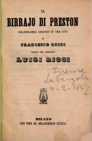 Il birrajo di Preston : melodramma giocoso in tre atti ; [Firenze, La Pergola, 4. 2. 1847]
