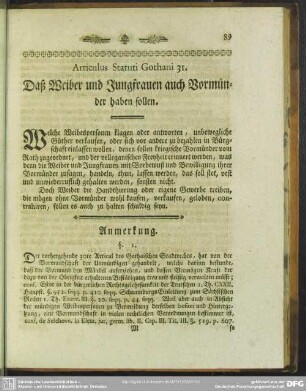 Articulus Statuti Gothani 31. Daß Weiber und Jungfrauen auch Vormünder haben sollen