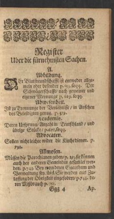 Register Uber die fürnehmsten Sachen
