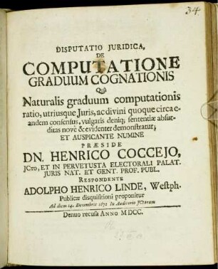 Disputatio Iuridica, De Computatione Graduum Cognationis