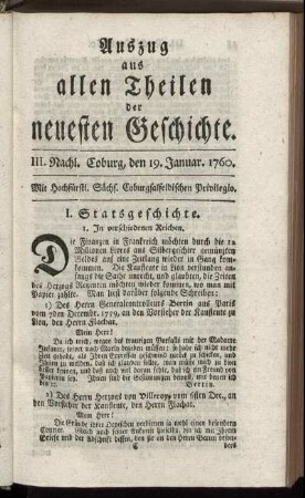 III. Nachl. Coburg, den 19. Januar. 1760.