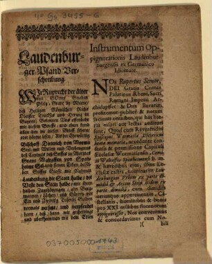 Laudenburger Pfand Verschreibung = Instrumentum oppignorationis Laudenburburgensis ex Germanico Idiomate