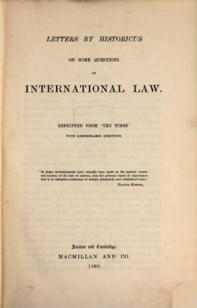 Letters by Historicus on some questions of international law, 1