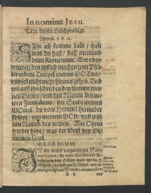 Text dieser Leichpredigt. Apocal. 3. v. 12.