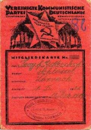 Mitgliedskarte der Vereinigten Kommunistischen Partei Deutschlands (VKPD)