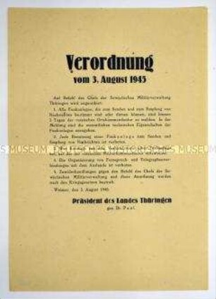 Verordnung des Präsidenten des Landes Thürigen auf Befehl des Chefs der Sowjetischen Militärverwaltung in Thüringen zu Funkanlagen und Telegraphenverbindungen