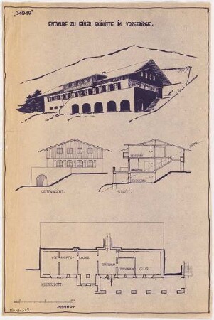 Skihütte Monatskonkurrenz November 1930: Grundriss Keller, Aufriss Seitenansicht, Querschnitt 1:100; perspektivische Ansicht; Maßstabsleiste