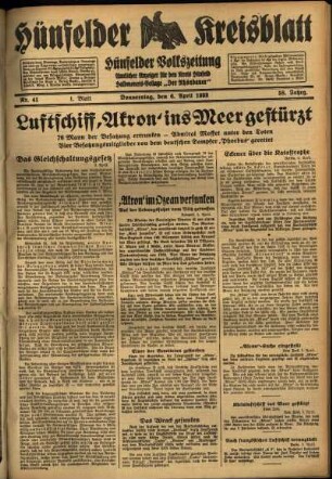 Erste Ausgabe vom Donnerstag, den 06. April 1933.