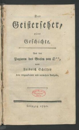 Der Geisterseher : eine Geschichte. Aus den Papieren des Grafen von O**