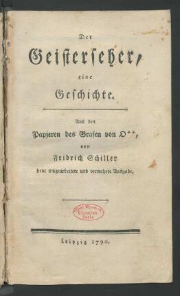 Der Geisterseher : eine Geschichte. Aus den Papieren des Grafen von O**