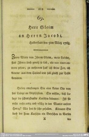 69. Herr Gleim an Herrn Jacobi. Halberstadt den 5ten Märtz 1768