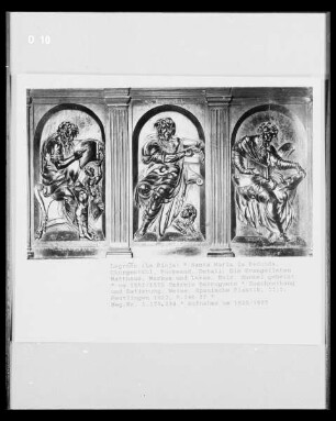 Chorgestühl, Rückwand, Detail: Evangelisten Matthäus, Markus und Lukas
