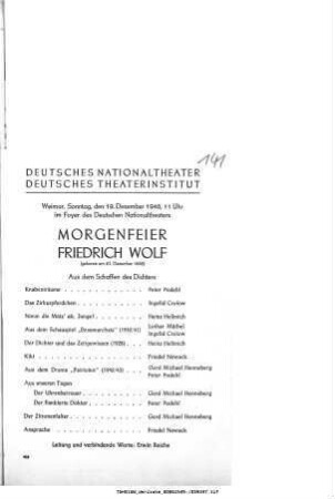 Morgenfeier Friedrich Wolf (geboren am 23. Dezember 1888)