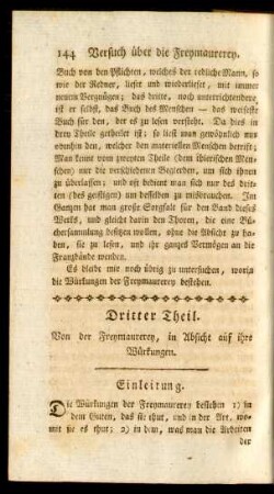 Dritter Theil. Von der Freymaurerey, in Absicht auf ihre Würkungen