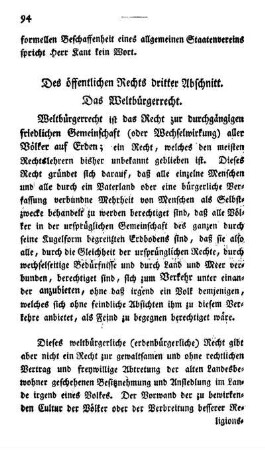 Des öffentlichen Rechts dritter Abschnitt. Das Weltbürgerrecht