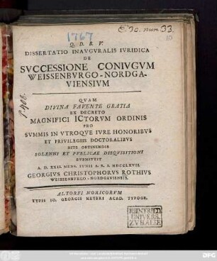 Dissertatio Inavgvralis Ivridica De Svccessione Conivgvm Weissenbvrgo-Nordgaviensivm