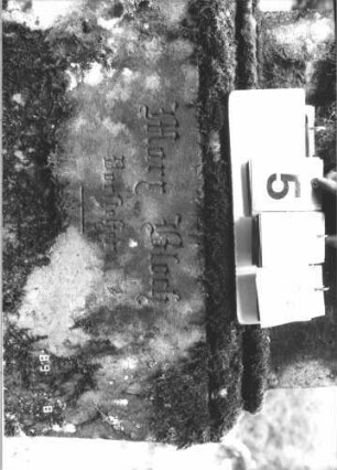 Grabstein 58 (Index: 99799523) Material: Sandstein, Schriftplatte Marmor Zustand: verwittert, Stele abgebrochen und zementiert Maße HxBxT: 184x60x24 cm Beschreibung: Stele, Mittelerhöhung, Abdeckplatte, Zinnenaufsätze, Schriftplatte eingelassen mit Kleeblattabschluß, Sockel Symbolik: floral Besonderheit: kulturhistorisch wertvoll / hist.-wiss. Gründe (Gemeindestellung): Grabstein 58B
