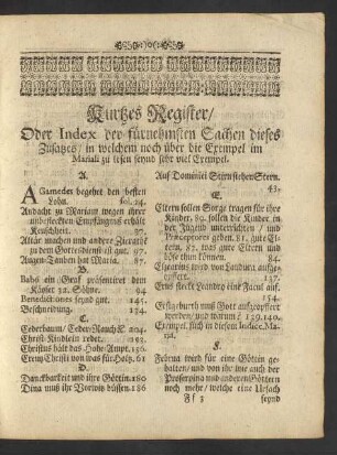 Kurtzes Register/ Oder Index der fürnehmsten Sachen dieses Zusatzes/