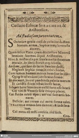 Collatio Ethicae Syracheae, & Aristotelicae. Ad studiosam juventutem