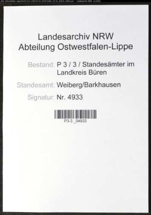 Sterberegister Standesamt Weiberg/Barkhausen