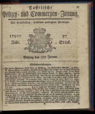 3tes Stueck, Montag den 17ten Januar. 1791