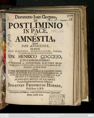 Disputatio Juris Gentium, De Postliminio In Pace, Et Amnestia